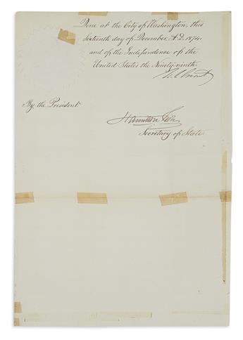 GRANT, ULYSSES S. Document Signed, as President, pardoning William H. Myers,